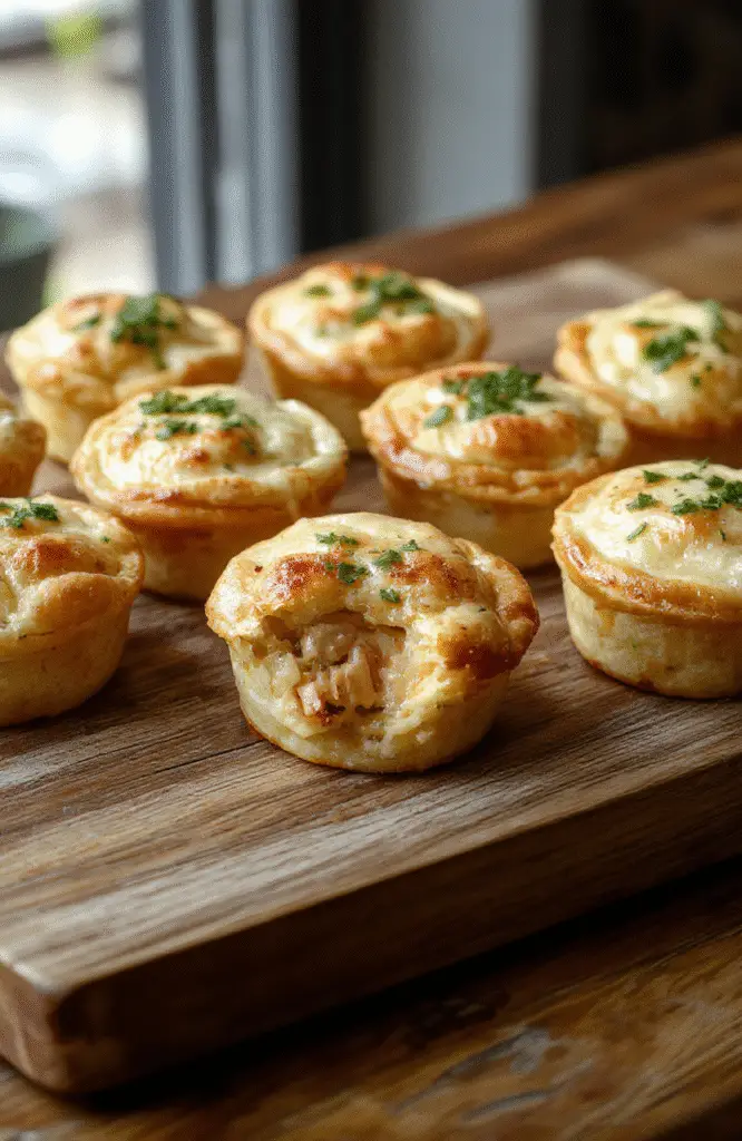 Colorful assortment of golden-brown mini chicken pot pies garnished with fresh herbs, arranged on a rustic wooden platter with flaky crusts, creamy filling visible, styled with a light drizzle of sauce for an inviting presentation.
