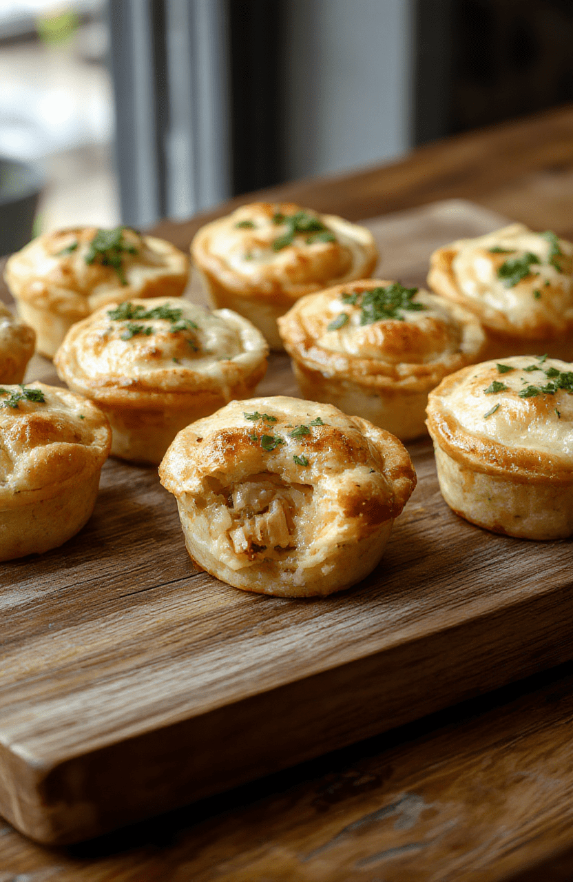 Colorful assortment of golden-brown mini chicken pot pies garnished with fresh herbs, arranged on a rustic wooden platter with flaky crusts, creamy filling visible, styled with a light drizzle of sauce for an inviting presentation.