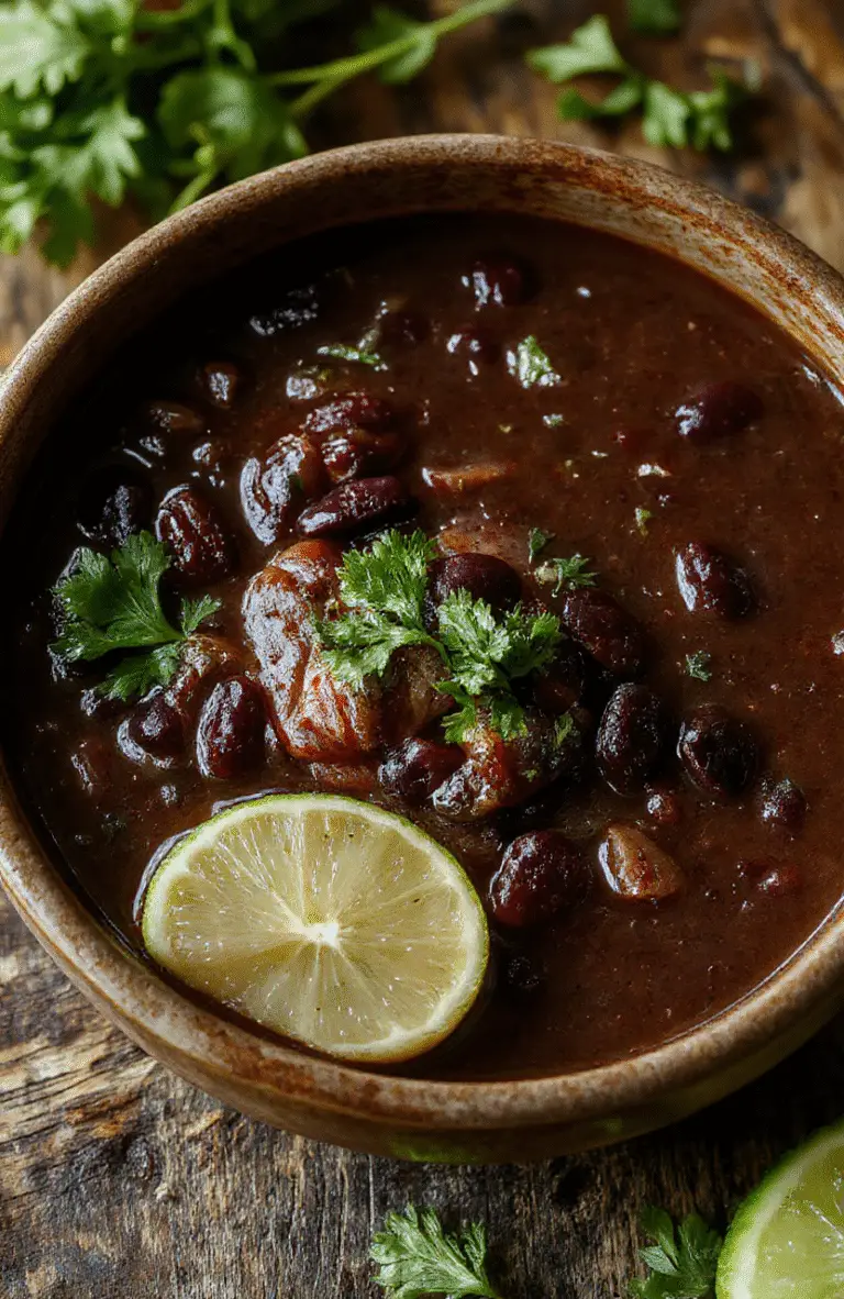 A vibrant bowl of black bean soup topped with chopped cilantro, sour cream, and lime wedges, served in a rustic white bowl on a wooden table with fresh ingredients around, colorful and steaming with a creamy texture.