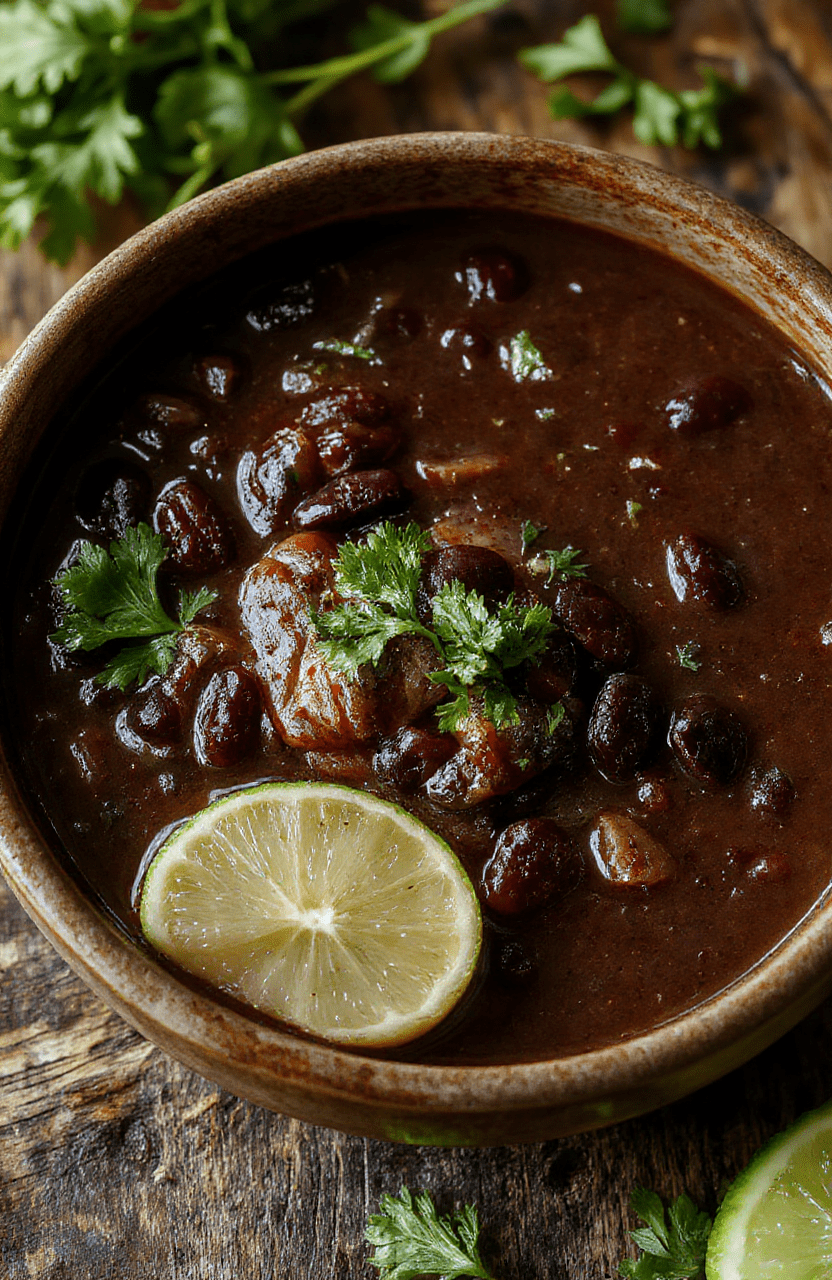 A vibrant bowl of black bean soup topped with chopped cilantro, sour cream, and lime wedges, served in a rustic white bowl on a wooden table with fresh ingredients around, colorful and steaming with a creamy texture.