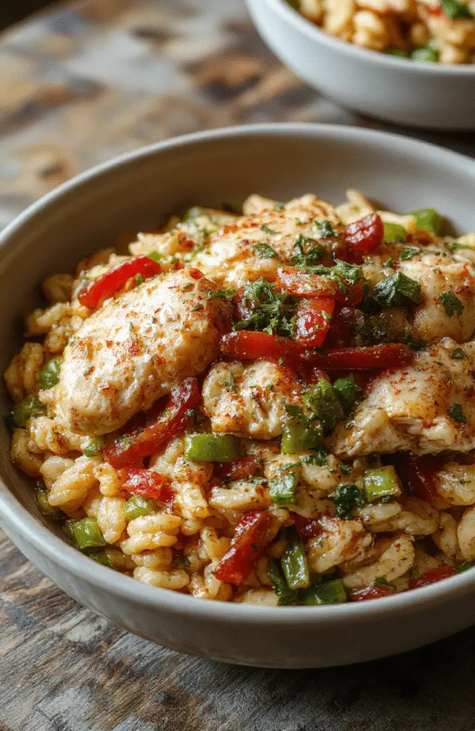 Colorful Cajun chicken orzo plated beautifully with vibrant red and green bell peppers, garnished with fresh herbs, featuring tender chicken pieces and creamy orzo pasta, styled on a rustic wooden table with natural daylight highlighting textures and colors.