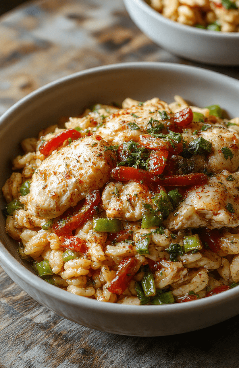 Colorful Cajun chicken orzo plated beautifully with vibrant red and green bell peppers, garnished with fresh herbs, featuring tender chicken pieces and creamy orzo pasta, styled on a rustic wooden table with natural daylight highlighting textures and colors.