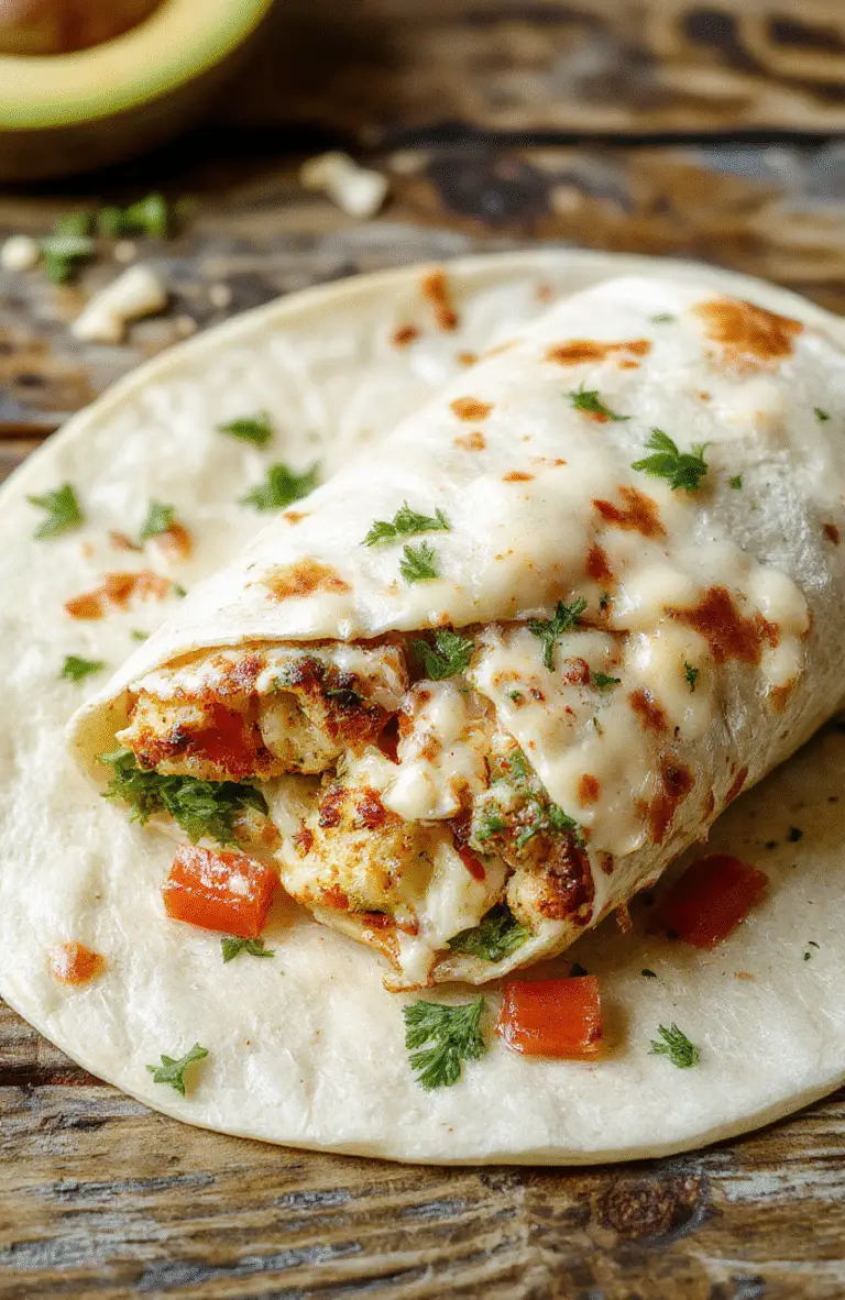 A vibrant chicken Caesar wrap sliced open to reveal tender grilled chicken slices, crisp romaine lettuce, Parmesan cheese, and creamy Caesar dressing wrapped in a soft tortilla with fresh parsley garnish, styled on a rustic wooden surface