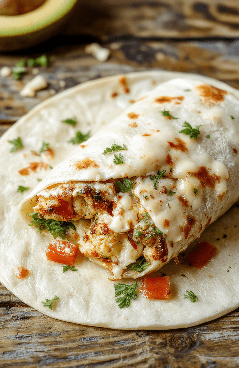 A vibrant chicken Caesar wrap sliced open to reveal tender grilled chicken slices, crisp romaine lettuce, Parmesan cheese, and creamy Caesar dressing wrapped in a soft tortilla with fresh parsley garnish, styled on a rustic wooden surface