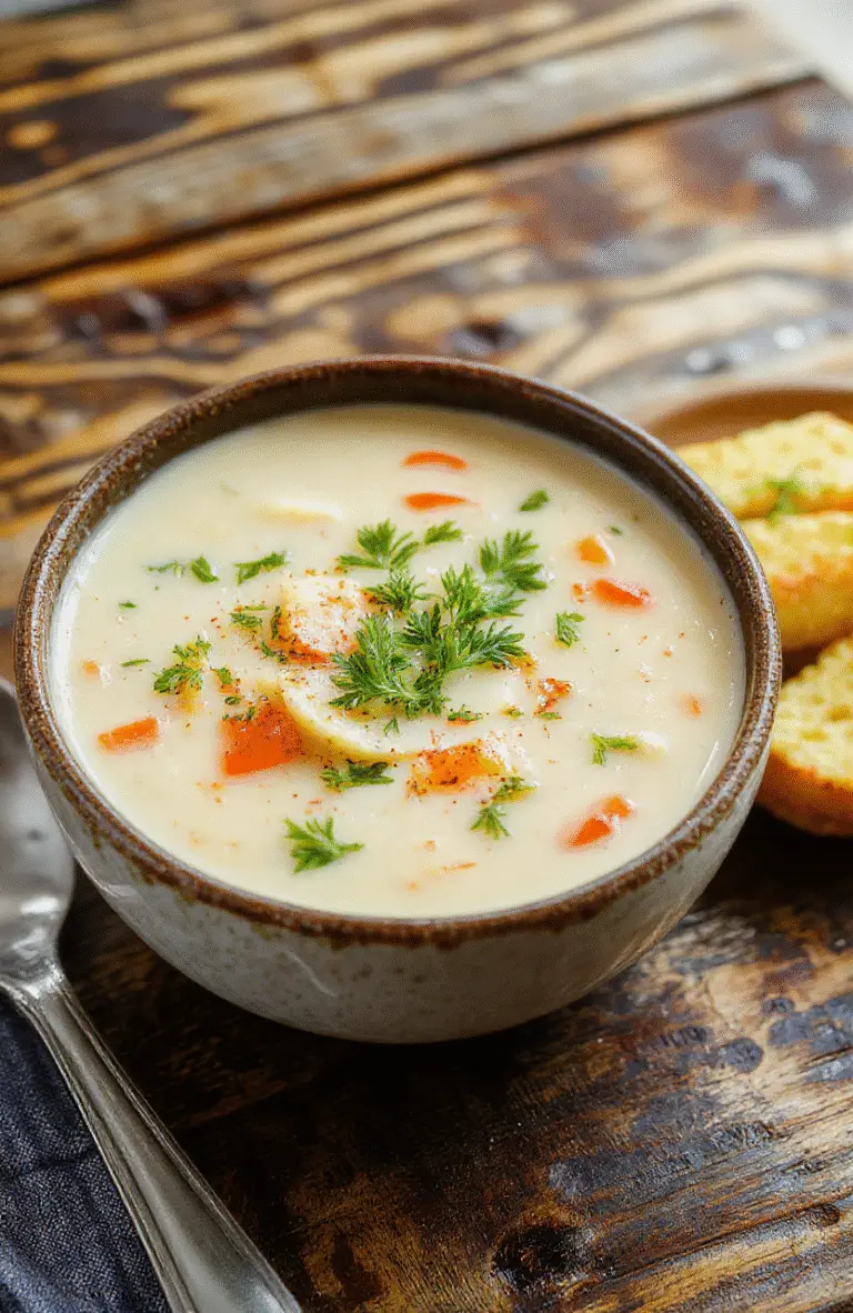 A vibrant bowl of creamy vegetable soup, garnished with fresh herbs, served on a rustic wooden table with colorful chopped vegetables, steam rising gently, inviting and comforting visual