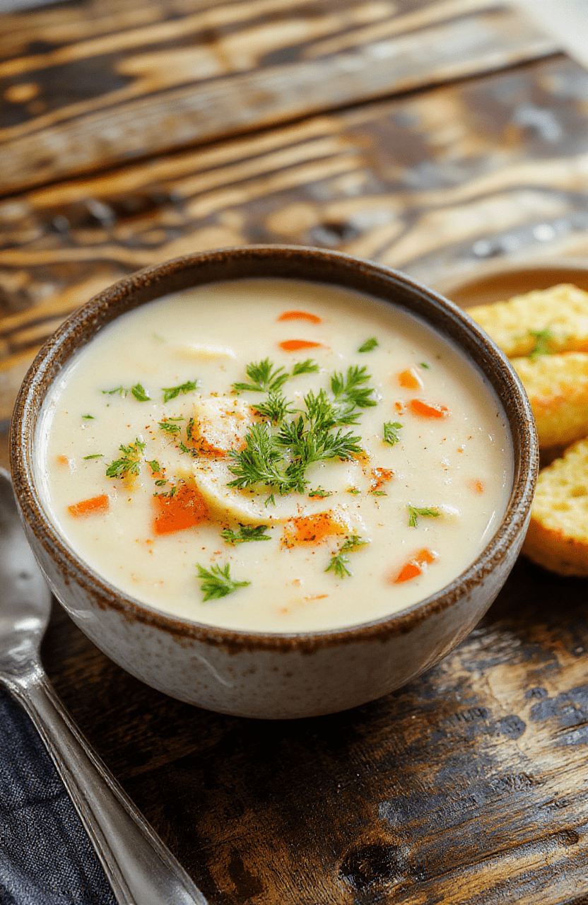 A vibrant bowl of creamy vegetable soup, garnished with fresh herbs, served on a rustic wooden table with colorful chopped vegetables, steam rising gently, inviting and comforting visual