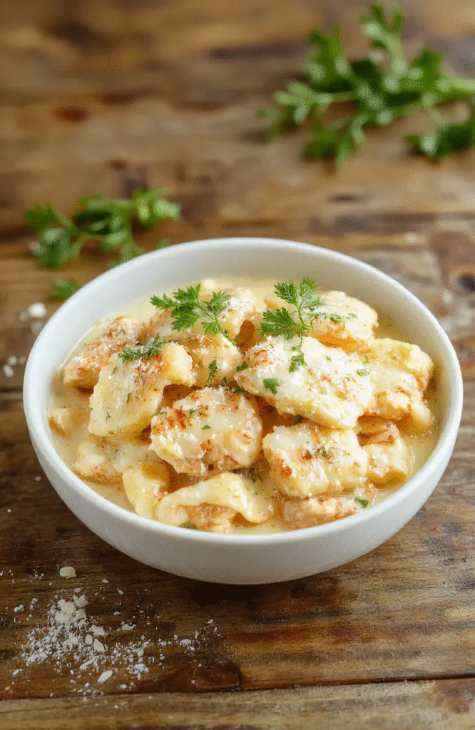 Creamy chicken Alfredo served in a white bowl on a wooden table, topped with fresh parsley and grated Parmesan, with a creamy sauce and tender chicken pieces, styled simply with a rustic backdrop.