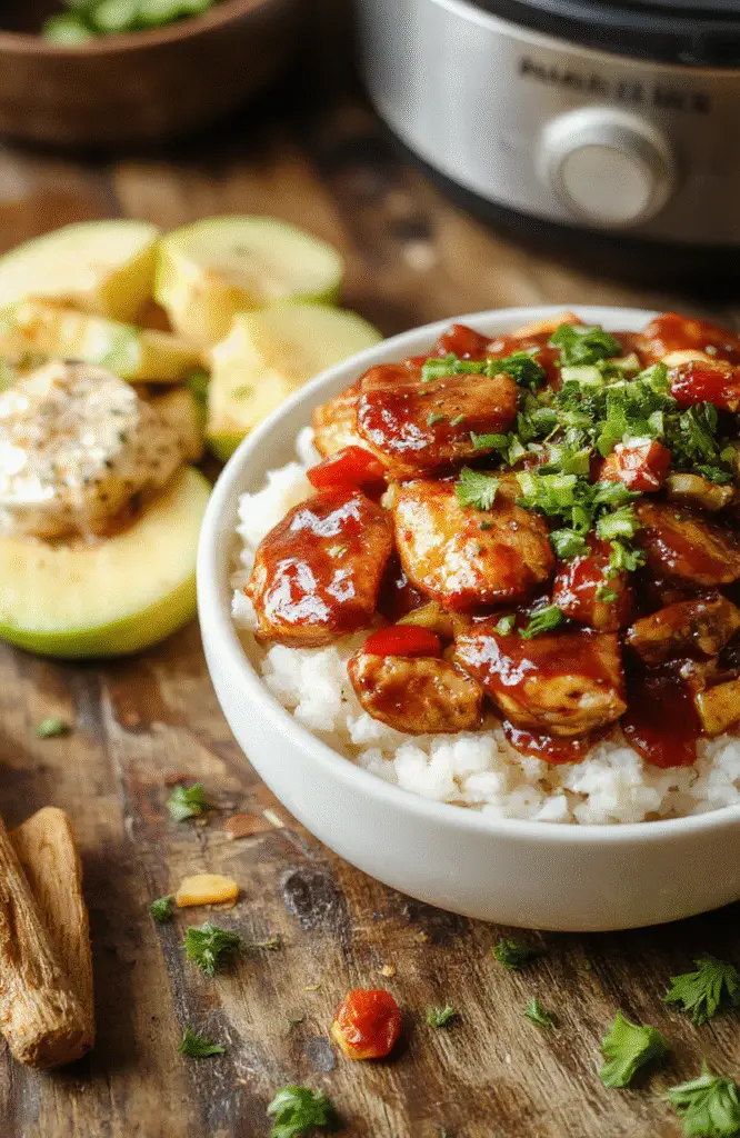 A vibrant plate of tender crockpot teriyaki chicken garnished with green onions and sesame seeds, served alongside steamed rice on a rustic wooden table, with a glossy glaze and colorful vegetables in the background.