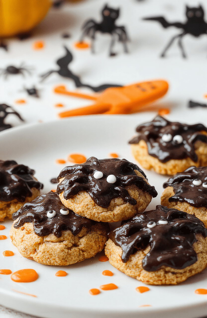Colorful Halloween spider cookies with orange and black icing, placed on a festive plate with spooky decorations in the background, showcasing playful spider shapes and textured peanut butter bases.