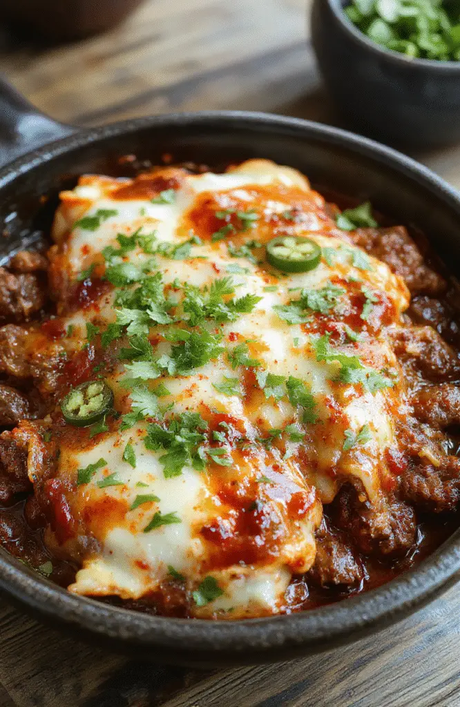 A vibrant enchilada skillet served on a rustic ceramic plate, topped with melted cheese, fresh cilantro, and sliced jalapenos. The colorful ingredients include seasoned ground beef, bell peppers, and onions, with a rich tomato sauce, all arranged with a slight rustic touch, garnished with a sprig of cilantro for freshness.