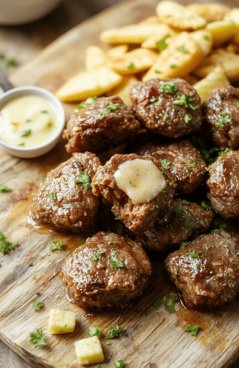 A close-up of tender beef bites coated in rich garlic butter served on a rustic wooden platter, garnished with fresh herbs, with a background of cooked vegetables and a creamy sauce, styled with natural lighting and a casual, inviting atmosphere.