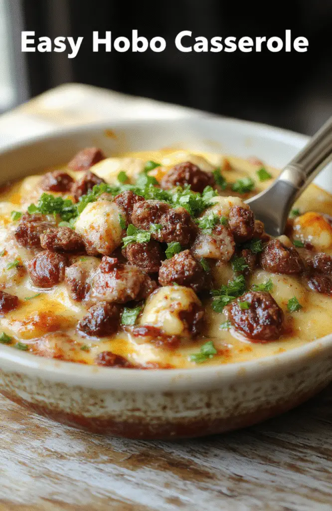 A vibrant plate of hobo casserole featuring seasoned ground beef topped with melted cheese, mixed with diced vegetables, served in a rustic ceramic dish on a wooden table with fresh herbs for garnish.