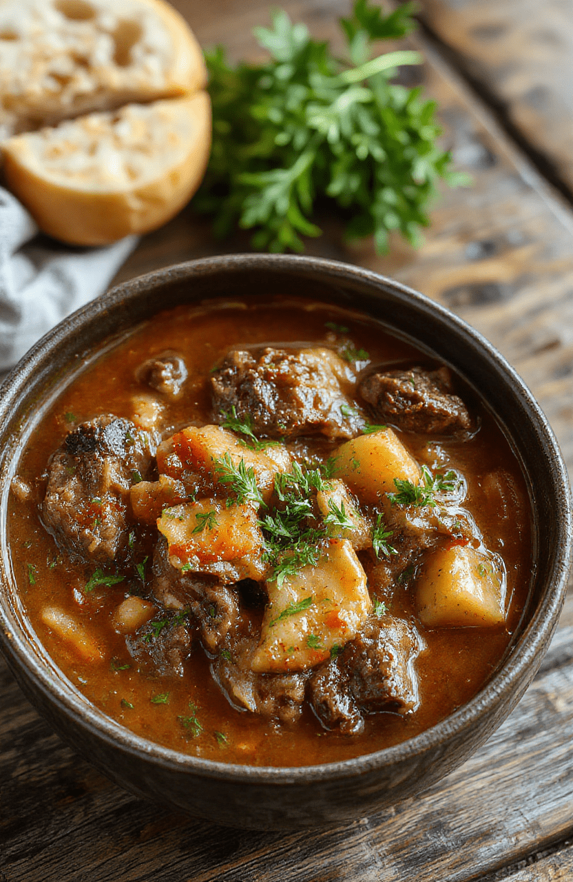 A warm bowl of homemade beef stew with tender chunks of beef, carrots, potatoes, and celery, garnished with fresh herbs, served in a rustic white bowl on a wooden table with a fork and crusty bread beside it.