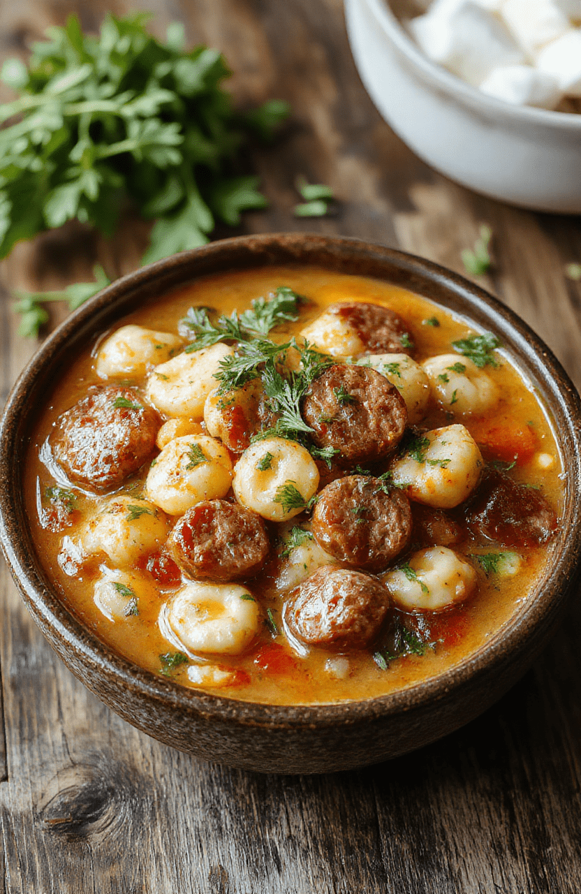 A warm bowl of Italian sausage tortellini soup topped with fresh herbs, showcasing plump tortellini, slices of sausage, and vibrant vegetables in a rich broth, styled on a rustic wooden table with a cozy background