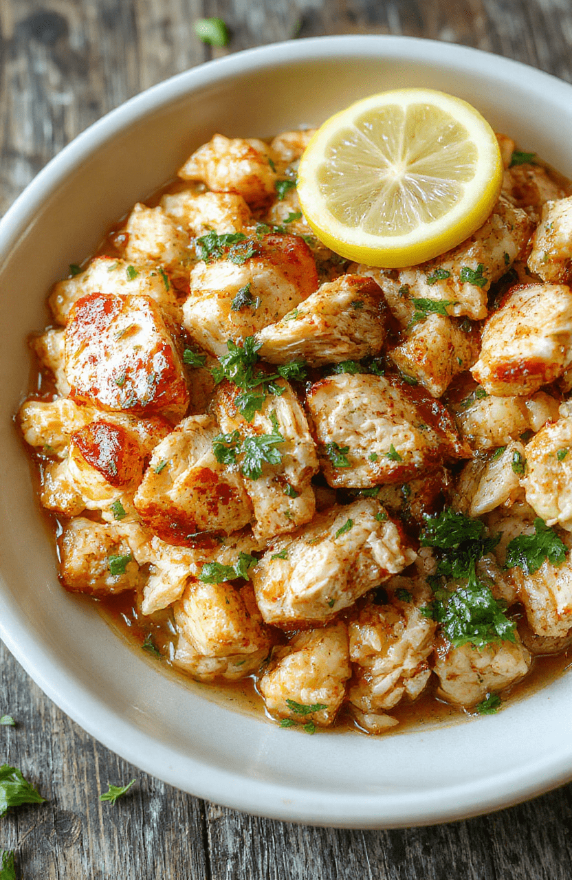 A colorful plate featuring tender shredded chicken surrounded by fragrant lemon herb rice, garnished with fresh herbs and lemon slices, styled simply on a rustic wooden surface.