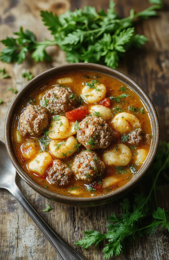 A vibrant bowl of meatball tortellini soup featuring plump meatballs, colorful tortellini, fresh herbs, and a rich broth, styled simply on a rustic table