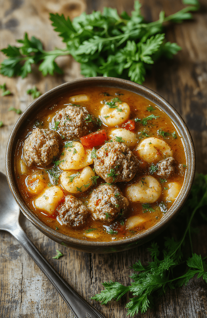 A vibrant bowl of meatball tortellini soup featuring plump meatballs, colorful tortellini, fresh herbs, and a rich broth, styled simply on a rustic table