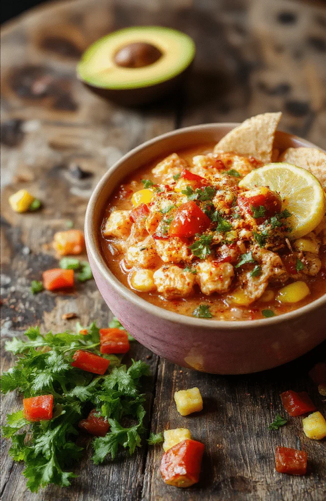 A vibrant bowl of Mexican street corn white chicken chili topped with fresh cilantro and crumbled queso fresco, served with a side of corn tortillas, colorful peppers and a spoon on a rustic wooden table.