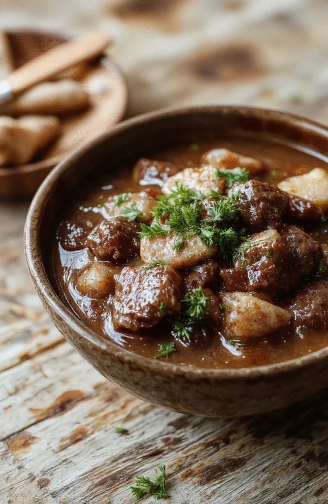 A rustic bowl of hearty beef stew garnished with fresh herbs, surrounded by chunks of tender beef, carrots, potatoes, and celery in a thick, flavorful broth, styled with a cozy cloth napkin and wooden spoon
