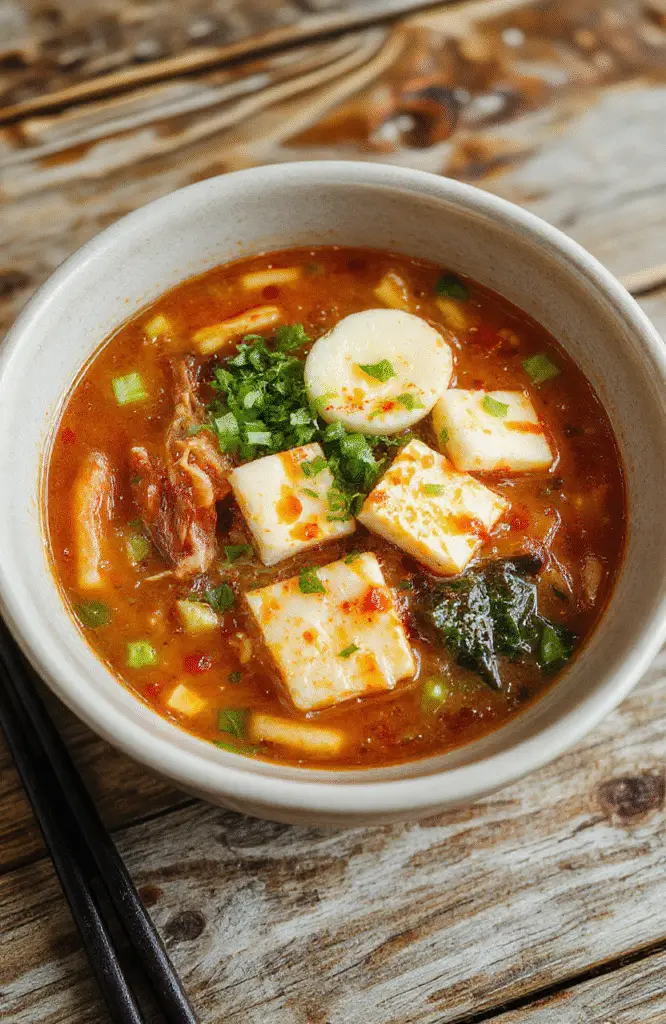 A vibrant bowl of vegan ramen noodles in a light-colored ceramic bowl, topped with green scallions, slices of tofu, and nori, with a rich, spicy broth, set on a rustic wooden table with natural daylight highlighting the textures and colors.