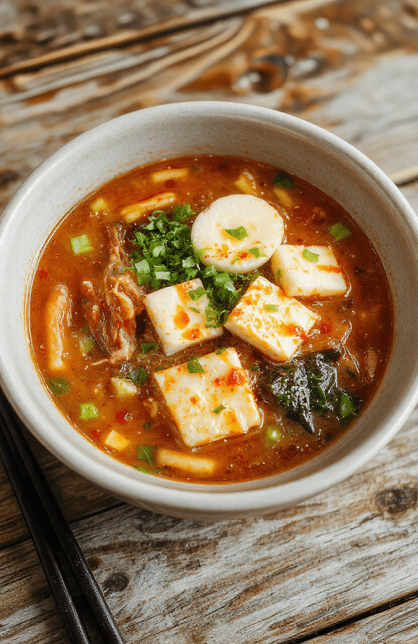 A vibrant bowl of vegan ramen noodles in a light-colored ceramic bowl, topped with green scallions, slices of tofu, and nori, with a rich, spicy broth, set on a rustic wooden table with natural daylight highlighting the textures and colors.