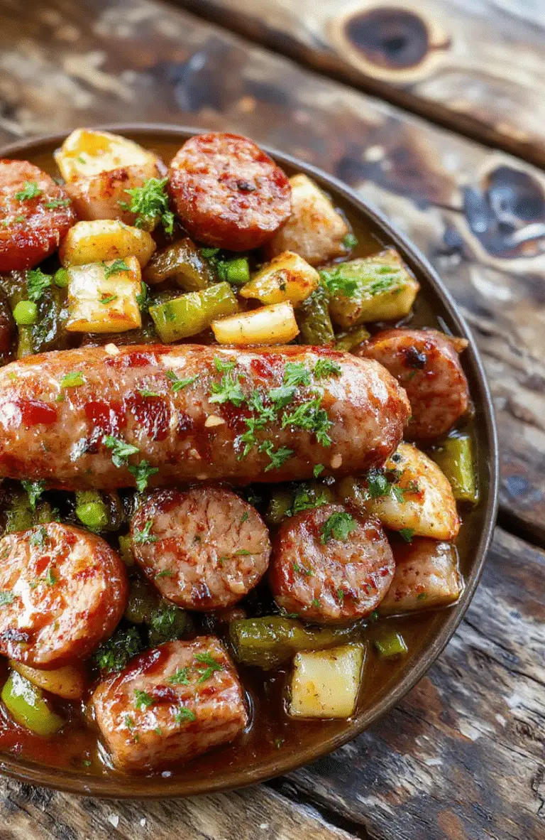 A vibrant plate featuring tender sausage links sliced and topped with colorful sautéed peppers and onions, garnished with fresh herbs, styled on a rustic wooden table with natural daylight highlighting the glossy finish of the sausages and bright peppers.