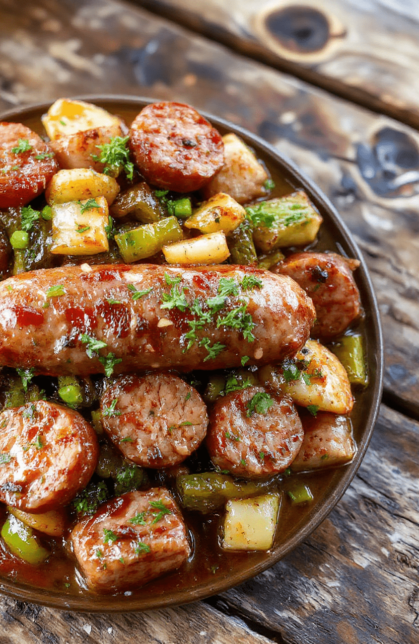 A vibrant plate featuring tender sausage links sliced and topped with colorful sautéed peppers and onions, garnished with fresh herbs, styled on a rustic wooden table with natural daylight highlighting the glossy finish of the sausages and bright peppers.