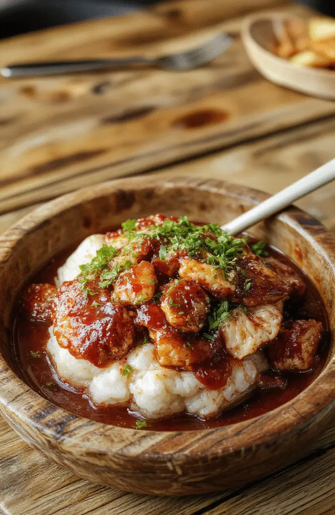A colorful chicken rice bowl featuring tender glazed chicken pieces atop fluffy rice, garnished with sesame seeds and chopped green onions, styled on a rustic wooden plate with vibrant vegetables on the side, highlighting textures and rich caramelization.