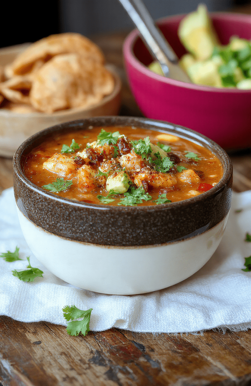Vibrant taco soup in a rustic bowl garnished with fresh cilantro, sliced jalapenos, shredded cheese, and a lime wedge, with a textured wooden background.