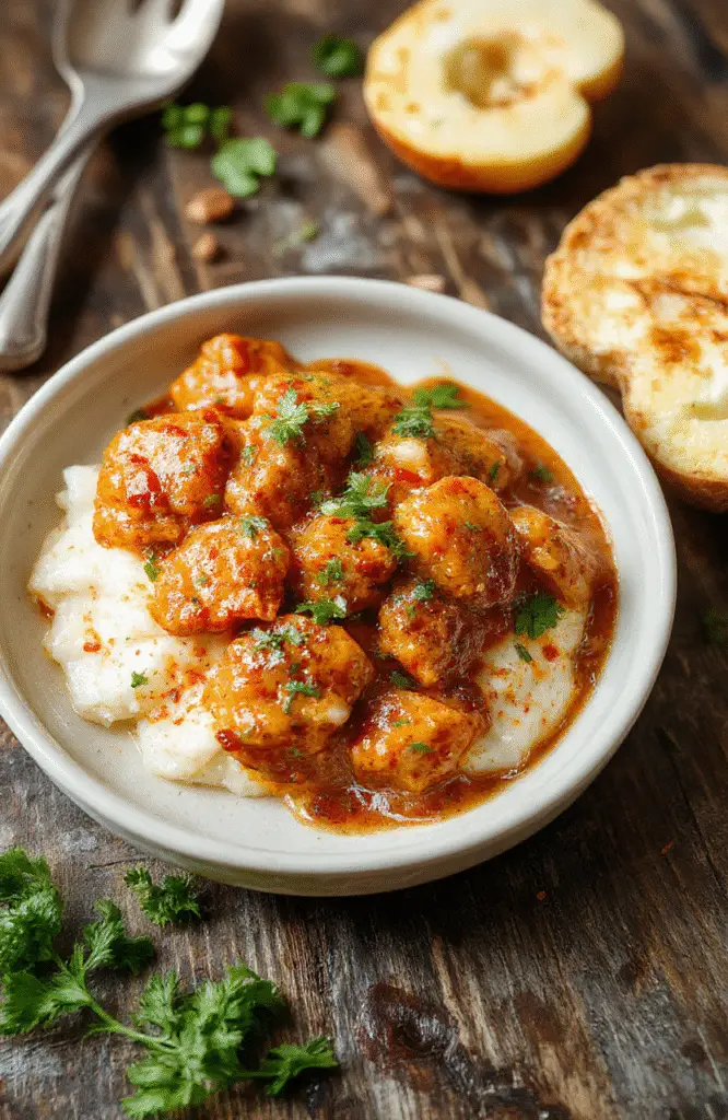 A vibrant bowl of butter chicken with rich orange sauce, garnished with fresh cilantro, served alongside fluffy rice on a rustic wooden table, styled simply with a spoon.