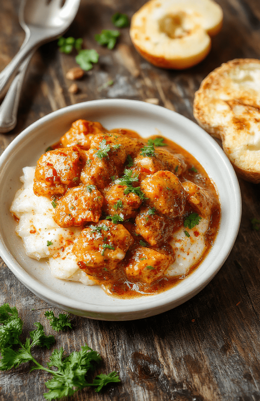 A vibrant bowl of butter chicken with rich orange sauce, garnished with fresh cilantro, served alongside fluffy rice on a rustic wooden table, styled simply with a spoon.