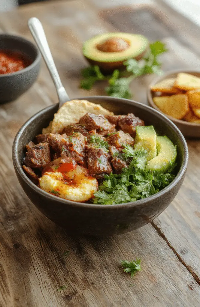 A vibrant low carb steak fajita bowl featuring sliced grilled steak, colorful bell peppers and onions, fresh cilantro, and lime wedges on a rustic wooden table, with a side of guacamole and shredded cheese, styled in a casual, appetizing arrangement with a focus on textures and bright colors.