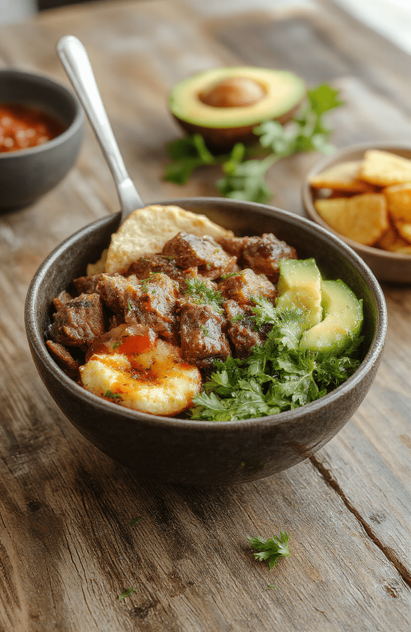 A vibrant low carb steak fajita bowl featuring sliced grilled steak, colorful bell peppers and onions, fresh cilantro, and lime wedges on a rustic wooden table, with a side of guacamole and shredded cheese, styled in a casual, appetizing arrangement with a focus on textures and bright colors.