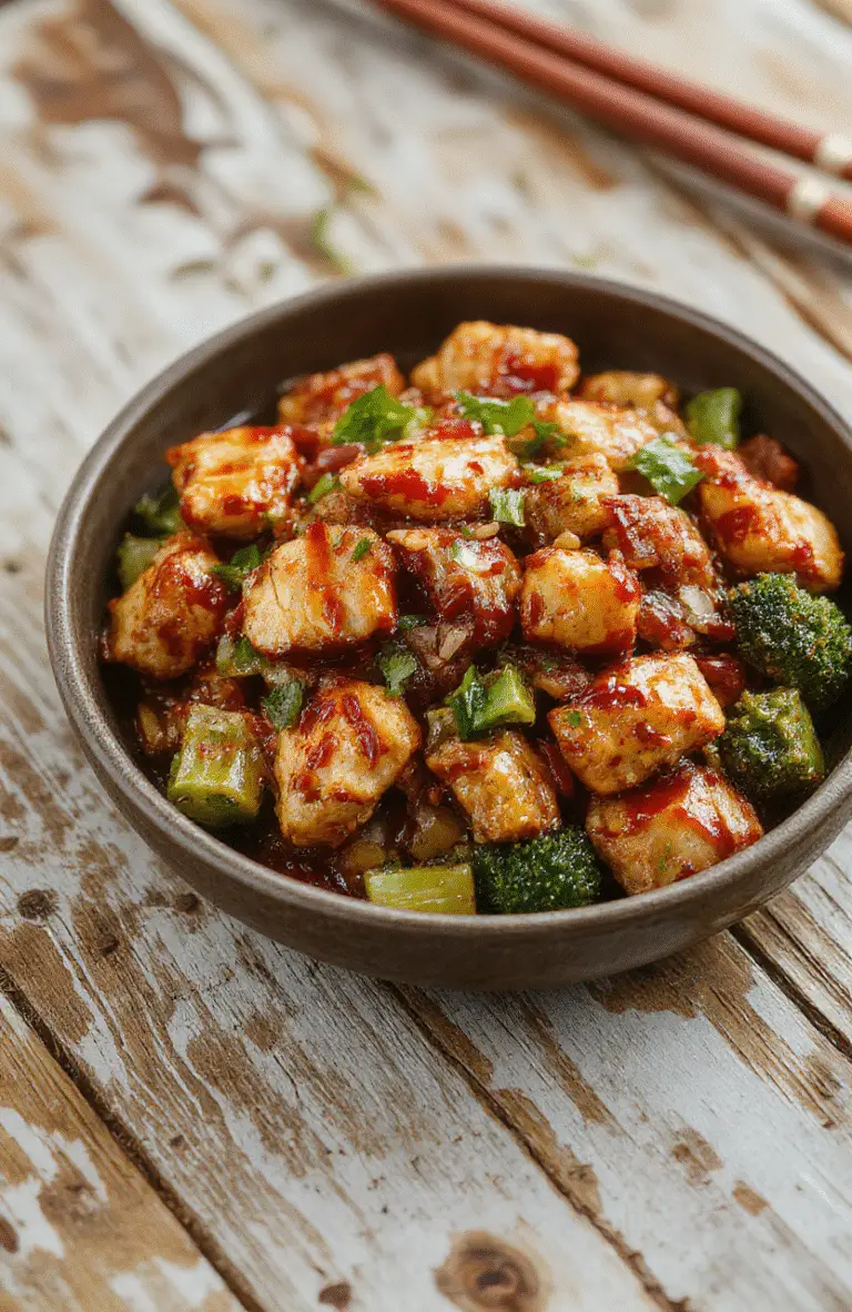 Colorful teriyaki chicken stir fry served on a white plate, featuring golden-brown chicken pieces glazed with shiny teriyaki sauce, vibrant green broccoli, red bell peppers, and white onions, garnished with sesame seeds, styled simply on a rustic wooden table with chopsticks nearby.