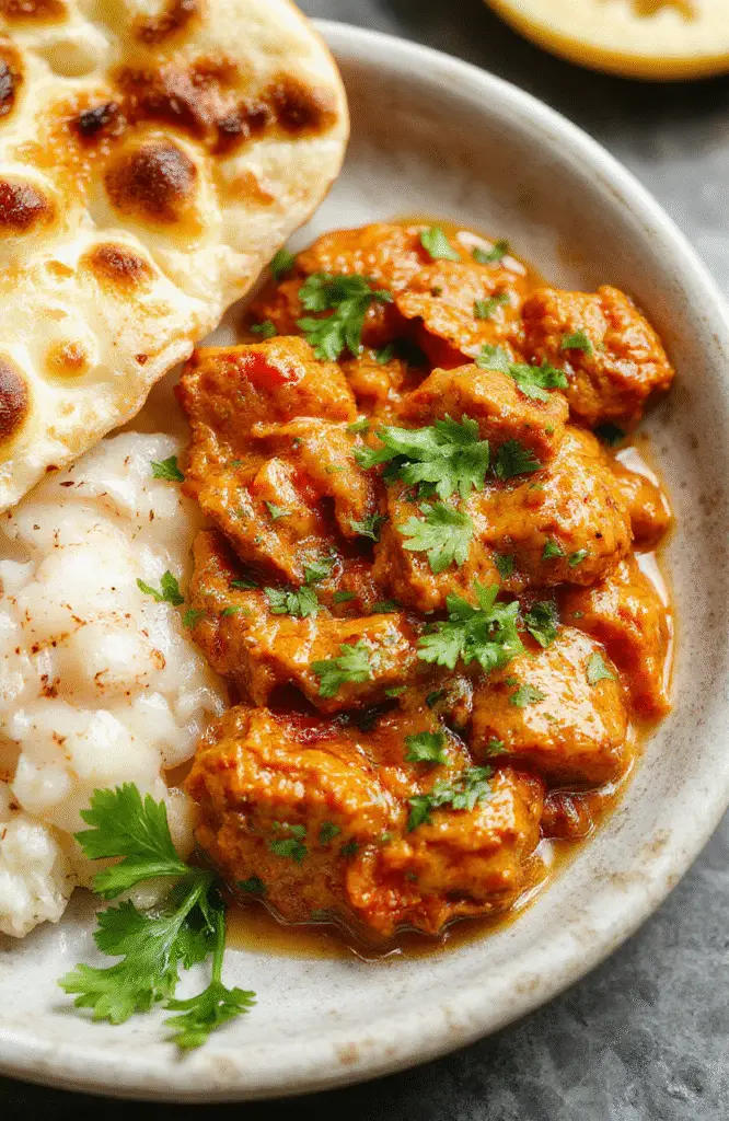 A vibrant plate of homemade butter chicken featuring tender chicken pieces coated in a rich, creamy tomato sauce, garnished with fresh cilantro, served on a rustic white plate with a side of naan bread, highlighting the glossy sauce and aromatic spices, styled casually on a wooden table.