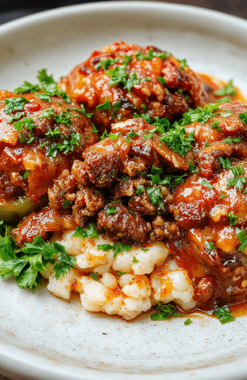 Colorful bell peppers filled with seasoned ground beef and fluffy rice, topped with melted cheese, arranged on a rustic plate with fresh herbs, vibrant and appetizing.