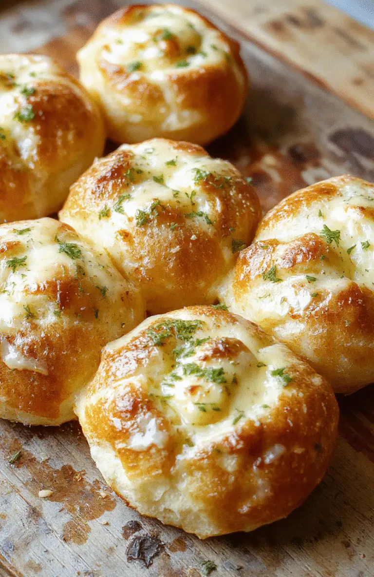 A close-up of golden, fluffy garlic butter bread rolls arranged on a rustic wooden table, topped with a brushed layer of garlic butter, with a soft, airy texture visible, garnished with fresh parsley, styled simply for a cozy, inviting presentation.