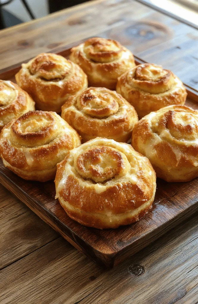 A close-up of fluffy breakfast rolls arranged on a rustic wooden tray with a soft golden crust, topped with a dusting of powdered sugar and served with butter and jam. The rolls are light and airy with a slightly crisp exterior, highlighting their fluffiness and inviting texture. Natural daylight emphasizes the warm tones and appealing presentation.