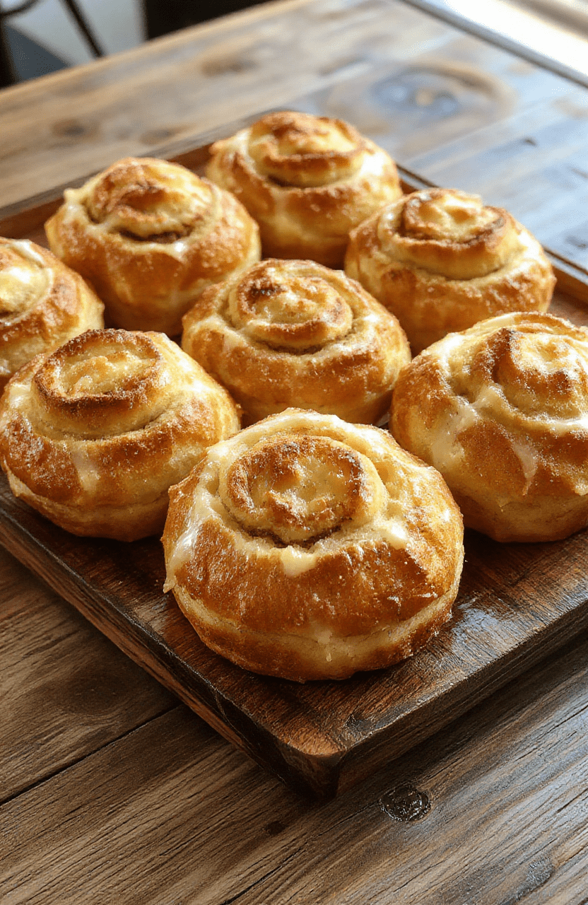 A close-up of fluffy breakfast rolls arranged on a rustic wooden tray with a soft golden crust, topped with a dusting of powdered sugar and served with butter and jam. The rolls are light and airy with a slightly crisp exterior, highlighting their fluffiness and inviting texture. Natural daylight emphasizes the warm tones and appealing presentation.