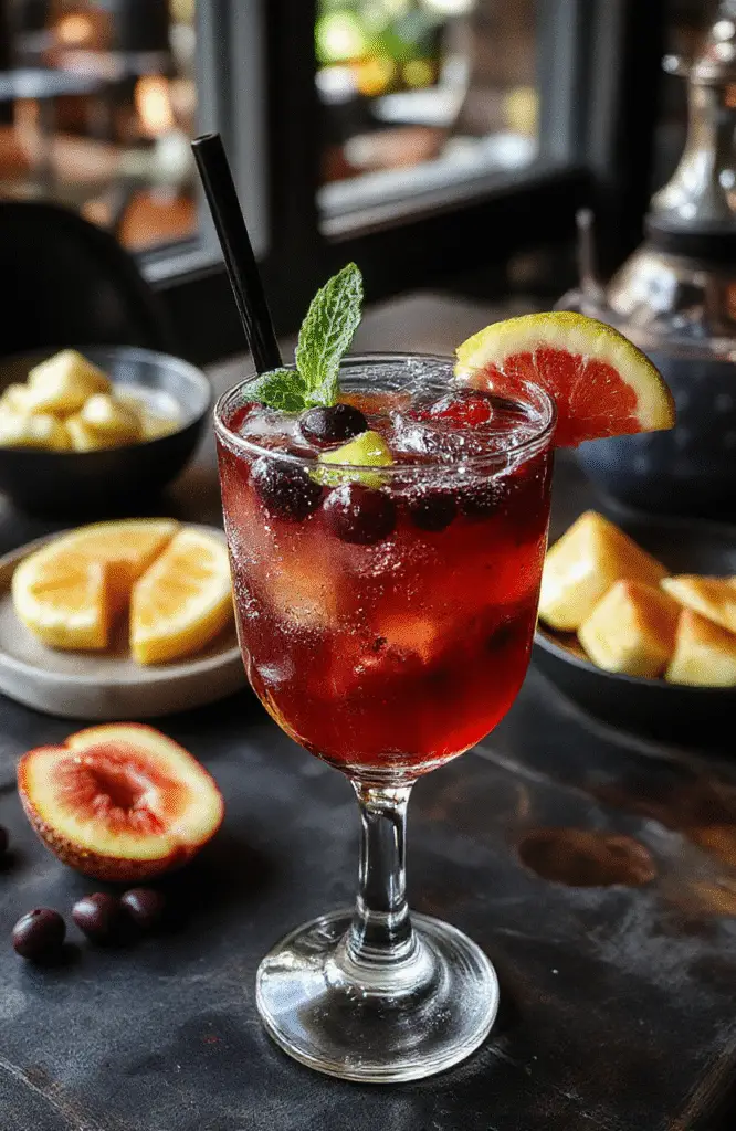 A vibrant glass of Drunk Witch Cocktail filled with colorful fruity layers, topped with sparkling bubbles, garnished with fresh fruit slices and a whimsical cocktail umbrella, set on a dark wooden table with a blurred background, highlighting the playful and festive presentation.