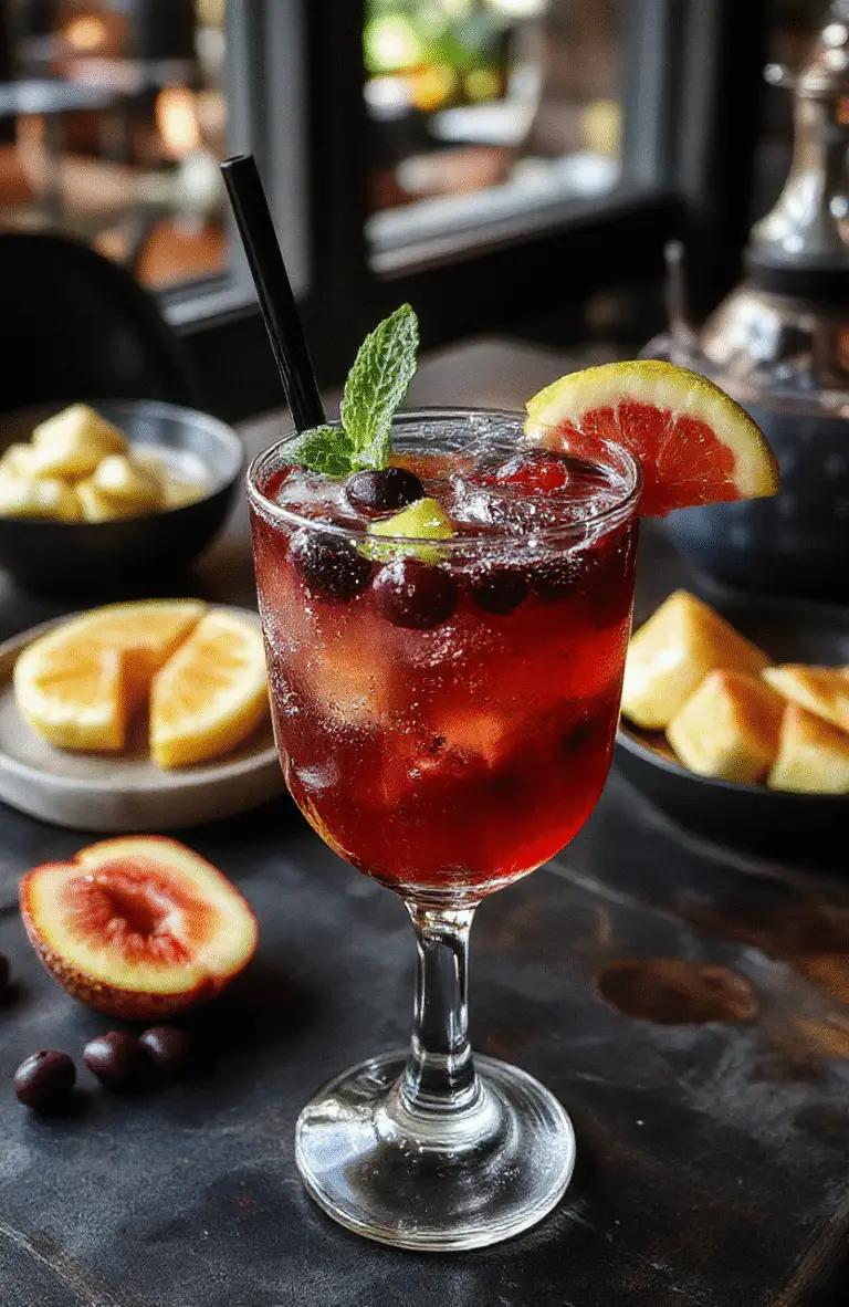 A vibrant glass of Drunk Witch Cocktail filled with colorful fruity layers, topped with sparkling bubbles, garnished with fresh fruit slices and a whimsical cocktail umbrella, set on a dark wooden table with a blurred background, highlighting the playful and festive presentation.