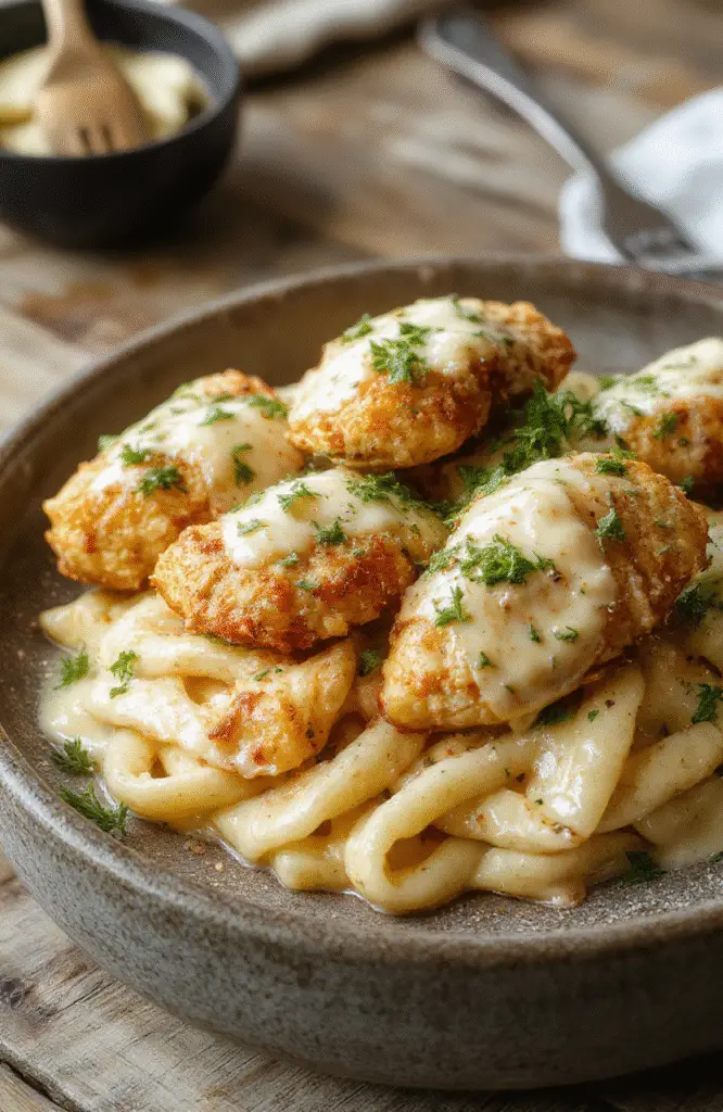 A plate of golden-brown garlic butter chicken bites served alongside a creamy parmesan pasta with herbs sprinkled on top, garnished with fresh parsley, styled with rustic wooden background and soft natural light.