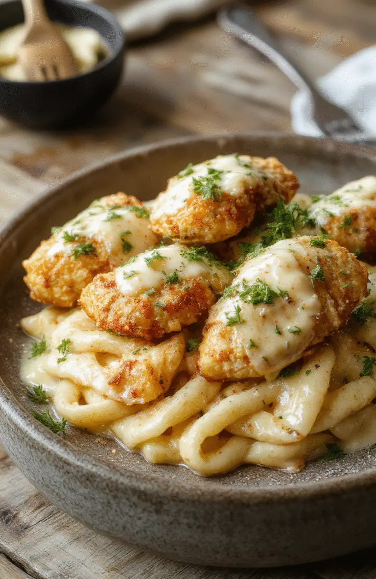 A plate of golden-brown garlic butter chicken bites served alongside a creamy parmesan pasta with herbs sprinkled on top, garnished with fresh parsley, styled with rustic wooden background and soft natural light.