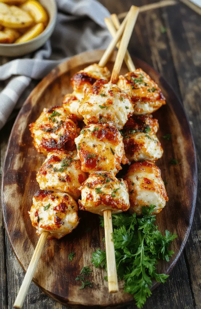 Colorful grilled chicken skewers glazed with garlic Parmesan sauce, arranged on a rustic wooden platter with fresh herbs and lemon slices, showcasing crispy edges and tender insides, styled with a casual vibe, perfect for a quick dinner.