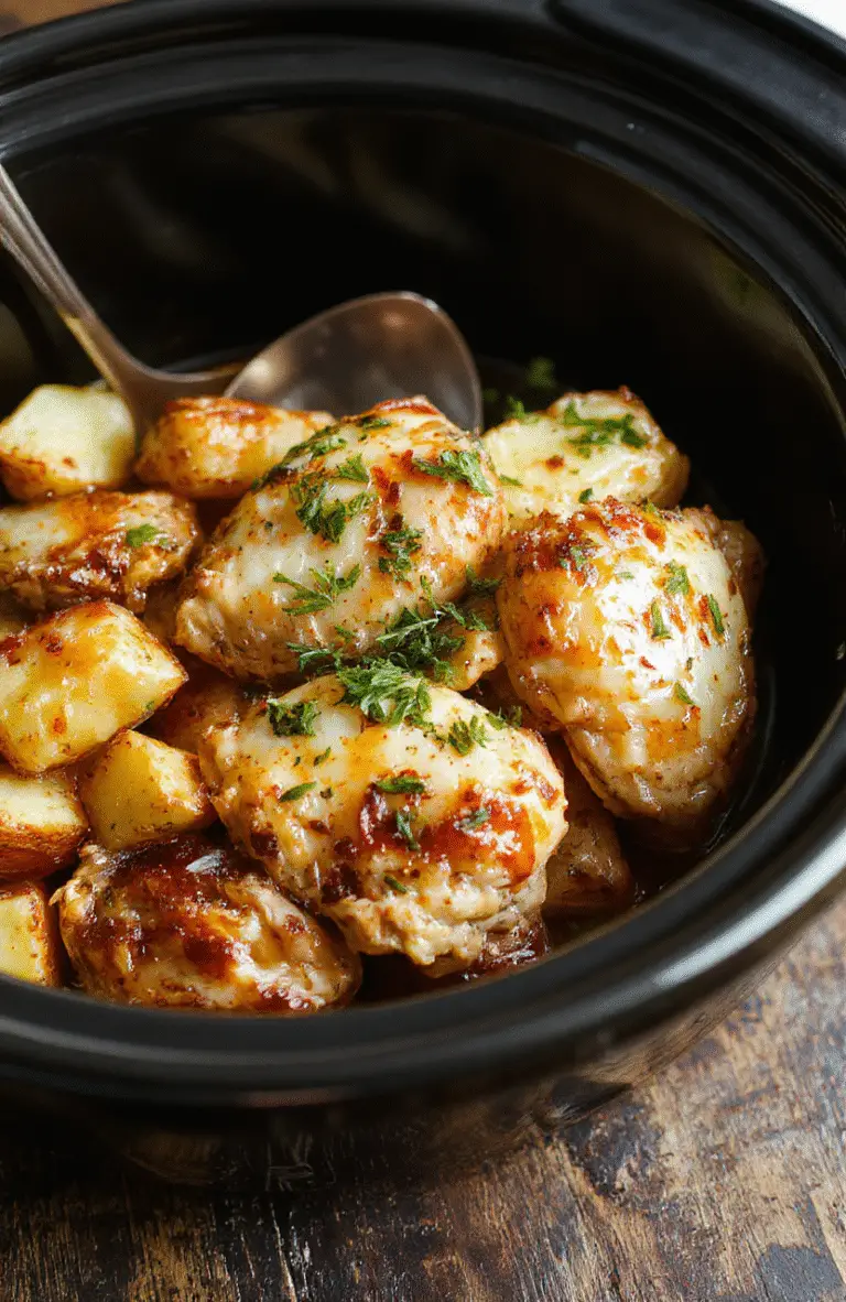 A close-up of melt-in-your-mouth garlic parmesan crockpot chicken served alongside roasted potatoes in a rustic bowl, garnished with fresh parsley. The chicken has a golden, crispy exterior with a creamy Parmesan coating, while the potatoes are tender and crispy on the edges. The presentation is cozy, inviting, and perfect for a comforting dinner, with a background of a wooden surface and natural lighting highlighting the textures.