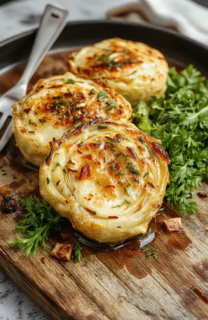 A vibrant plate featuring thick cabbage steaks roasted to golden perfection with visible caramelized edges, topped with minced garlic and herbs, arranged neatly on a rustic wooden board with a drizzle of oil, capturing a fresh and flavorful vegetable dish with appealing textures and colorful presentation.