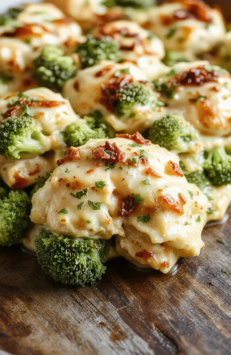 Colorful broccoli florets and tender shredded chicken in a creamy casserole topped with melted cheese, presented on a rustic wooden platter with fresh herbs for garnish.