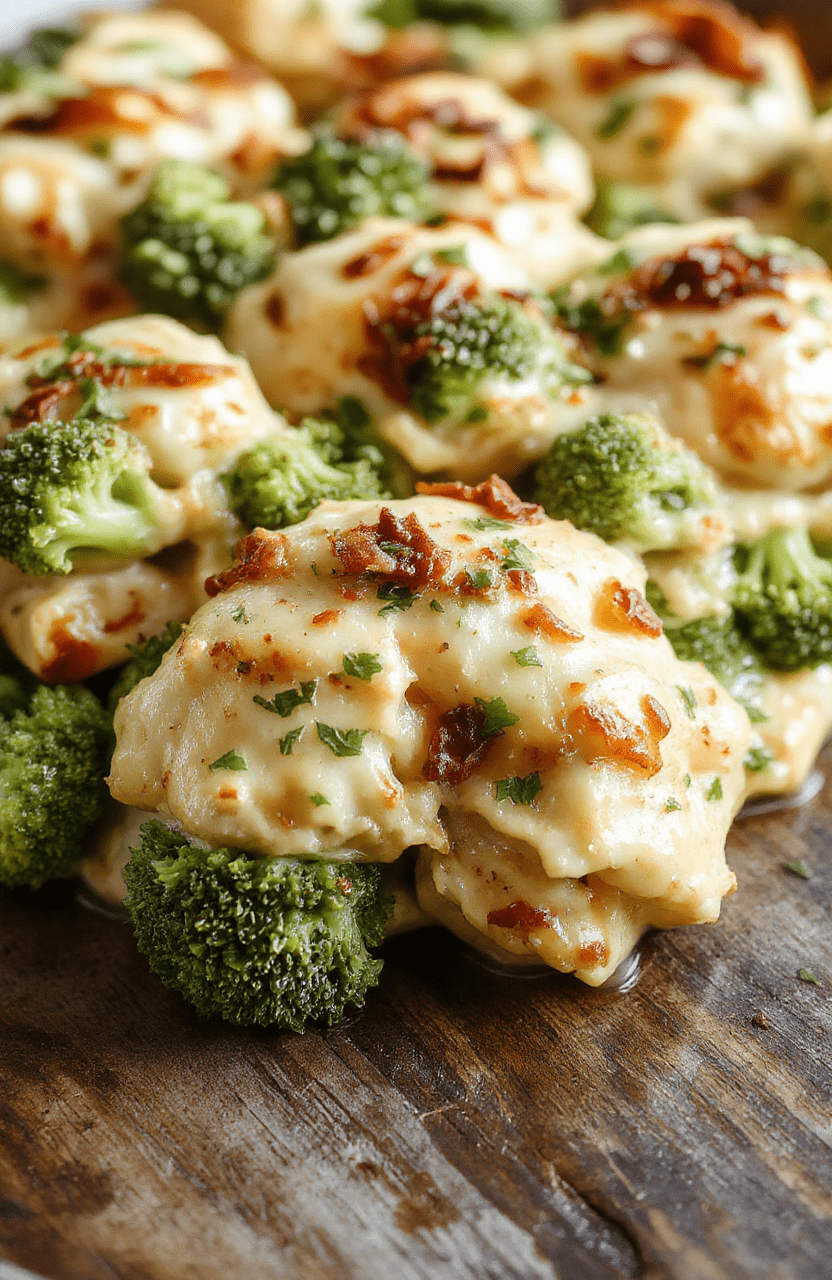 Colorful broccoli florets and tender shredded chicken in a creamy casserole topped with melted cheese, presented on a rustic wooden platter with fresh herbs for garnish.