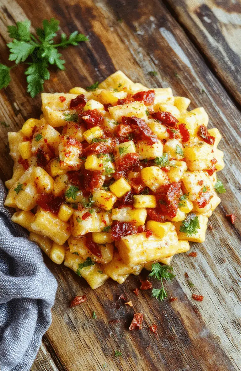 Colorful bowl of pasta salad featuring yellow corn kernels, chopped fresh herbs, and a creamy dressing, plated on a rustic wooden surface with vibrant summer colors, styled for a fresh and appealing summer meal.