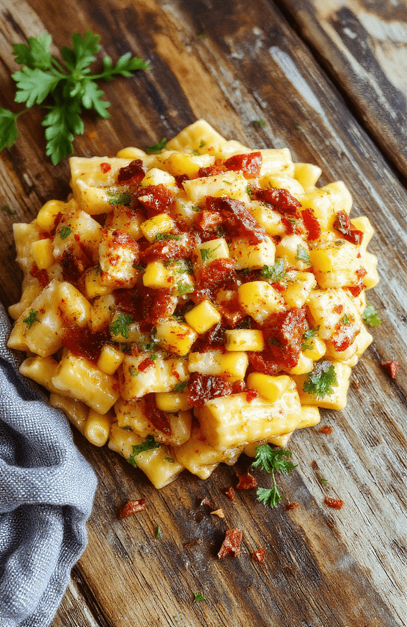 Colorful bowl of pasta salad featuring yellow corn kernels, chopped fresh herbs, and a creamy dressing, plated on a rustic wooden surface with vibrant summer colors, styled for a fresh and appealing summer meal.